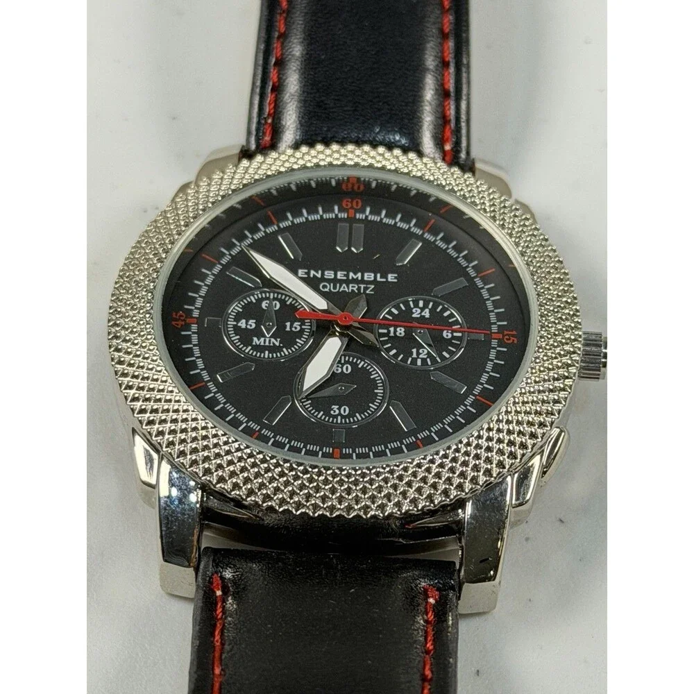 Ensemble Quartz Men’s Watch Black Dial Silver Tone 42.7mm Leather Strap Runs